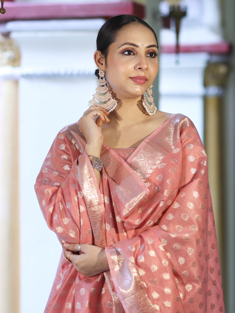 Banarasee Cotton Silk Zari Work Salwar Kameez Fabric With Dupatta Set-Peach