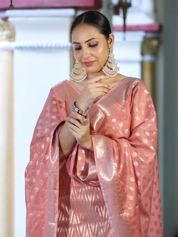 Banarasee Cotton Silk Zari Work Salwar Kameez Fabric With Dupatta Set-Peach