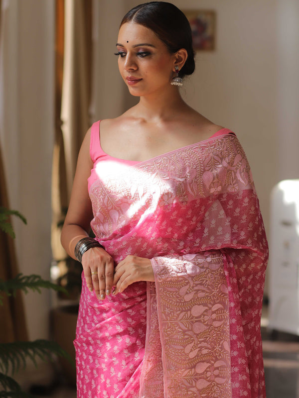 Banarasee Pure Georgette Saree With Embroidery Work-Pink