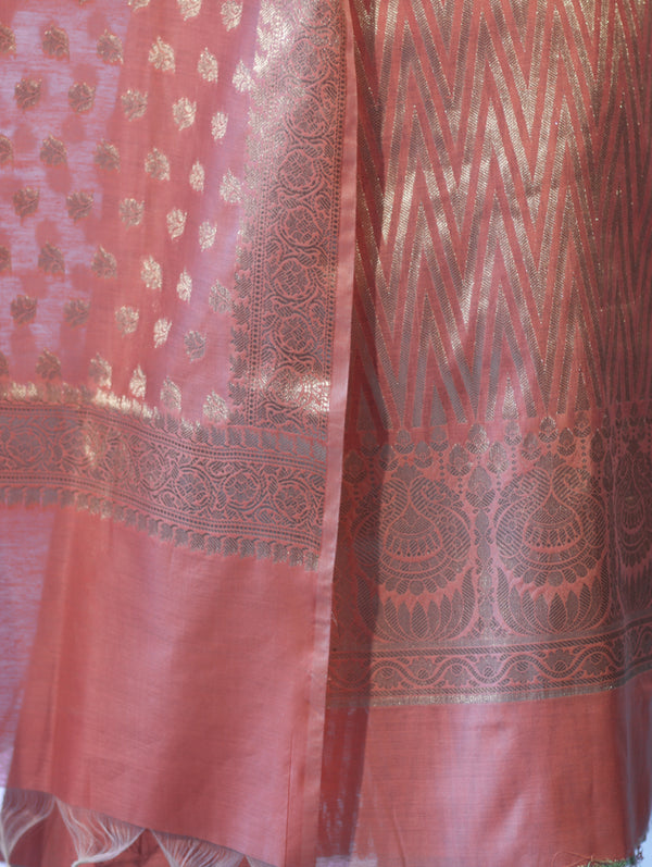 Banarasee Cotton Silk Zari Work Salwar Kameez Fabric With Dupatta Set-Peach