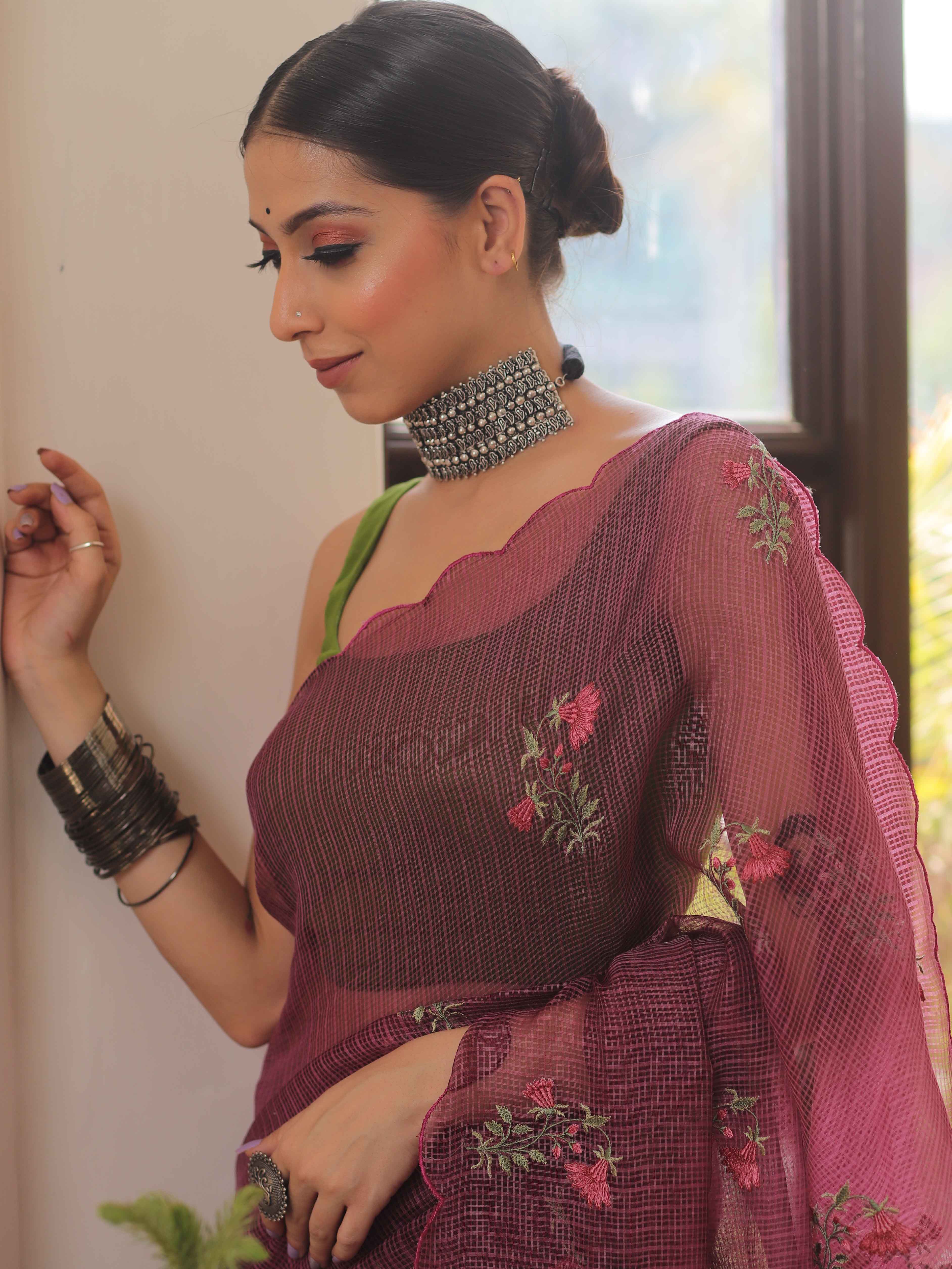 Banarasee Pure Kota Doria Saree With Embroidery Work-Plum