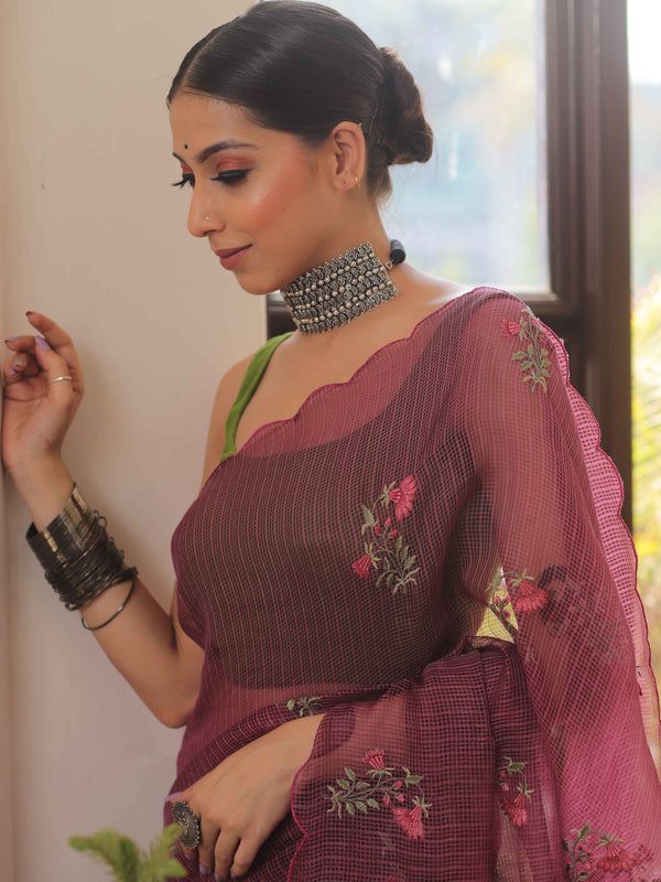 Banarasee Pure Kota Doria Saree With Embroidery Work-Plum