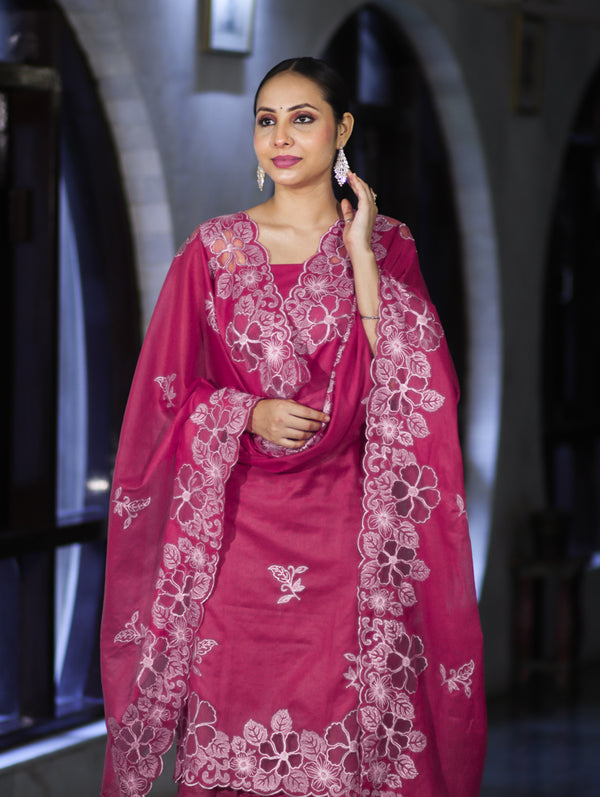 Banarasee Resham Embroidered Chanderi Salwar Kameez With Cutwork Dupatta Set-Pink