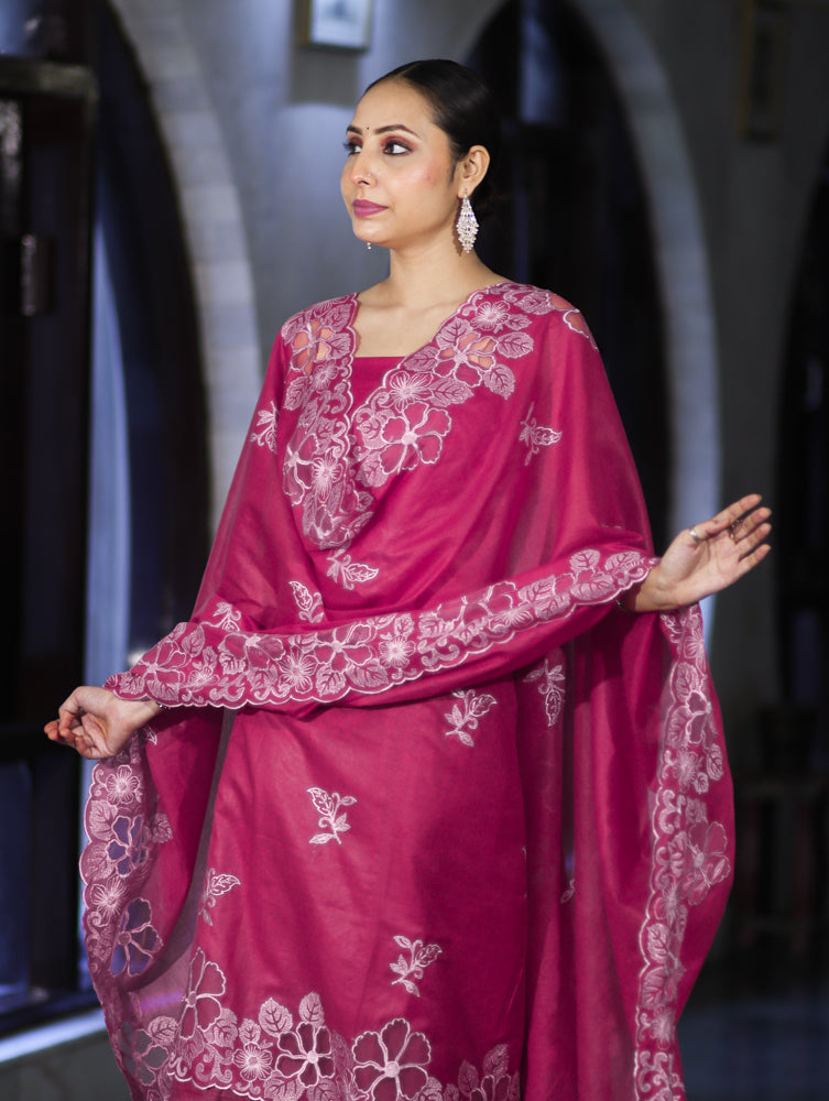 Banarasee Resham Embroidered Chanderi Salwar Kameez With Cutwork Dupatta Set-Pink