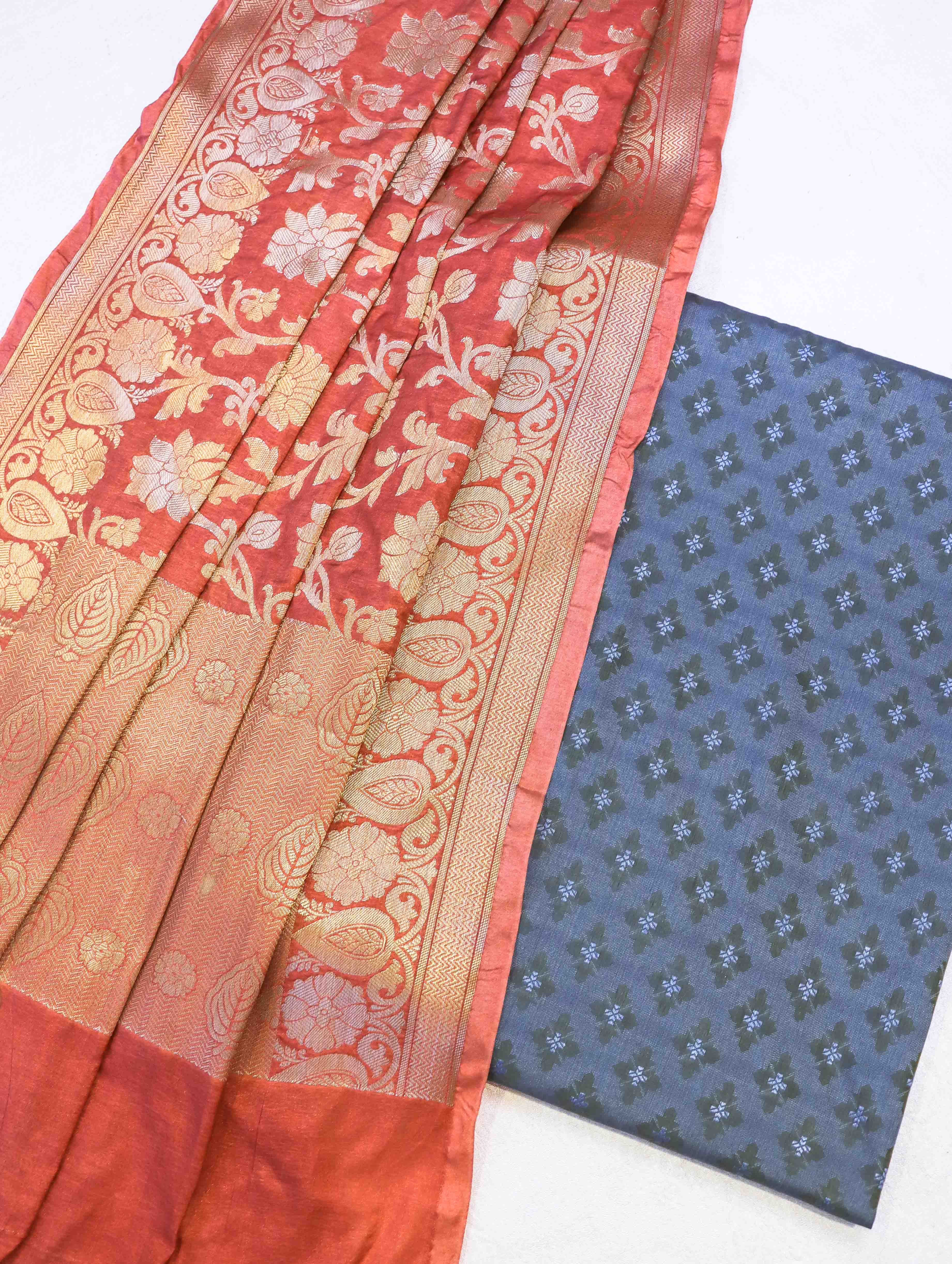 Banarasee Brocade Salwar Kameez Fabric With Jaal Design Dupatta-Steel Blue & Rust