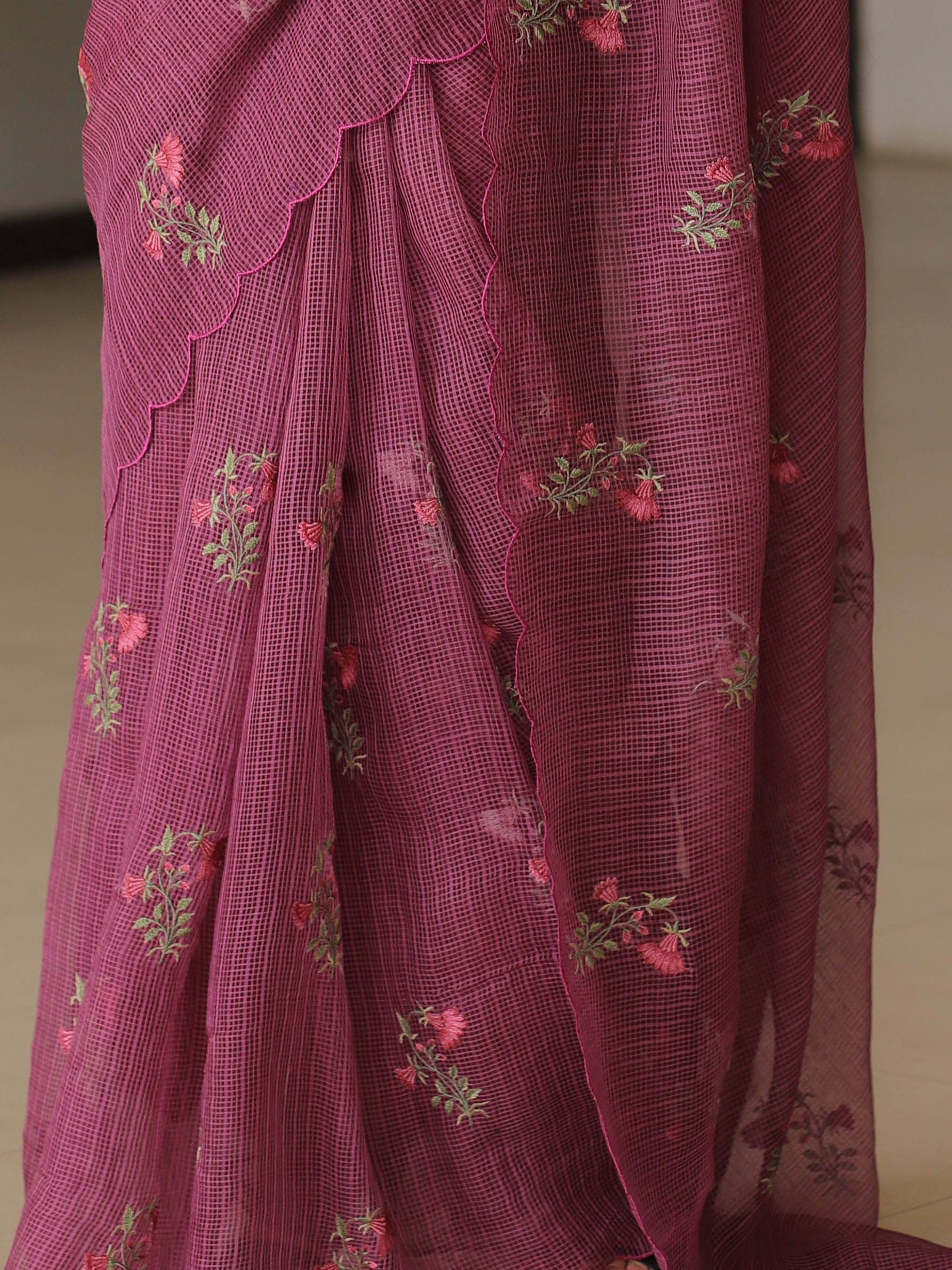 Banarasee Pure Kota Doria Saree With Embroidery Work-Plum