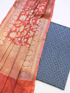 Banarasee Brocade Salwar Kameez Fabric With Jaal Design Dupatta-Steel Blue & Rust