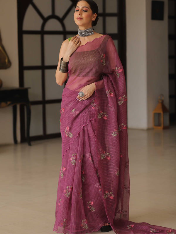 Banarasee Pure Kota Doria Saree With Embroidery Work-Plum