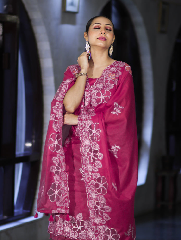 Banarasee Resham Embroidered Chanderi Salwar Kameez With Cutwork Dupatta Set-Pink