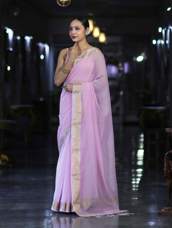 Banarasee Cotton Silk Plain Saree With Floral Zari Border-Pastel Pink