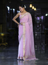 Banarasee Cotton Silk Plain Saree With Floral Zari Border-Pastel Pink