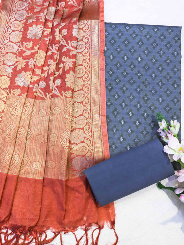 Banarasee Brocade Salwar Kameez Fabric With Jaal Design Dupatta-Steel Blue & Rust