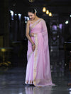 Banarasee Cotton Silk Plain Saree With Floral Zari Border-Pastel Pink