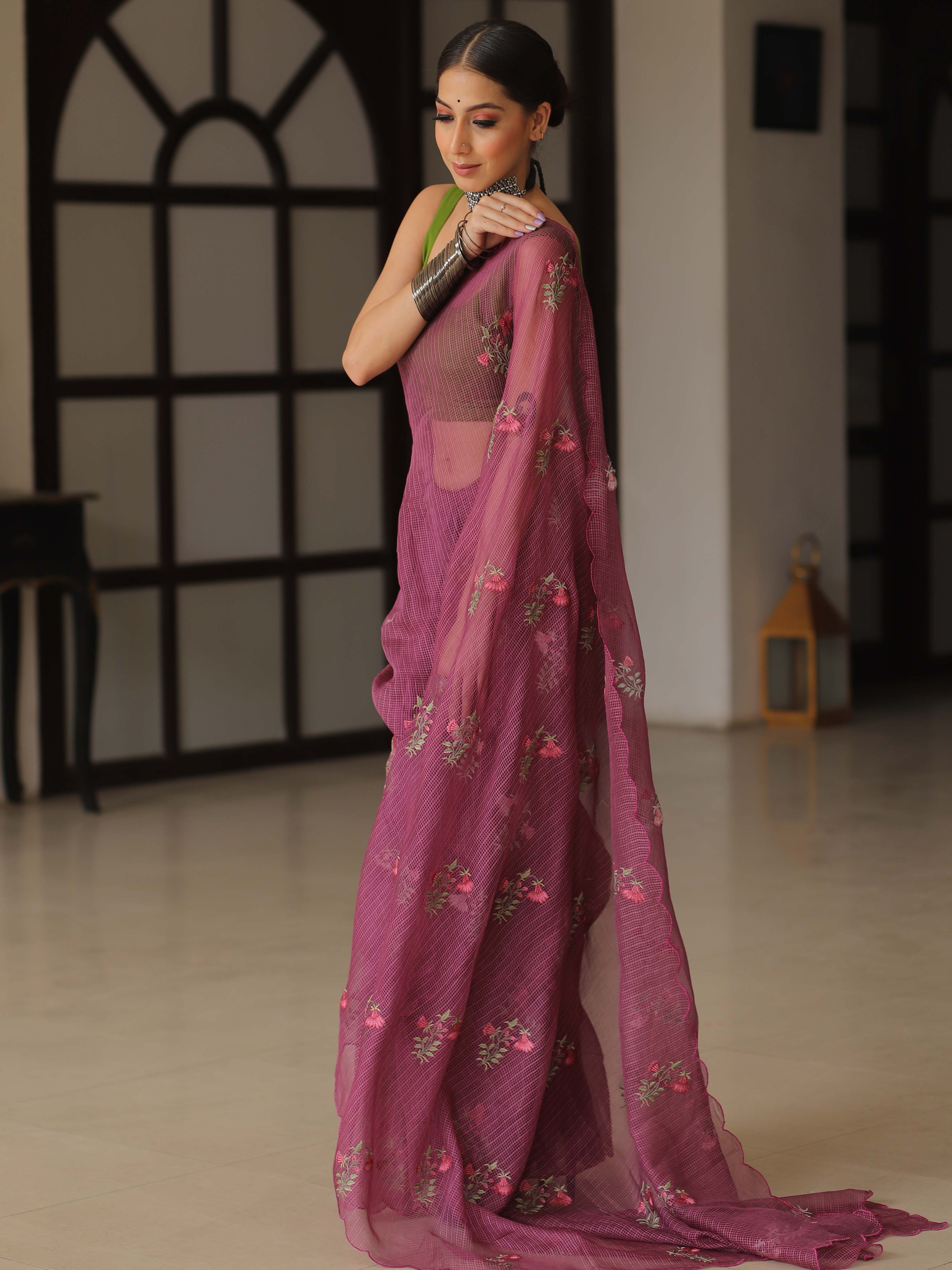 Banarasee Pure Kota Doria Saree With Embroidery Work-Plum