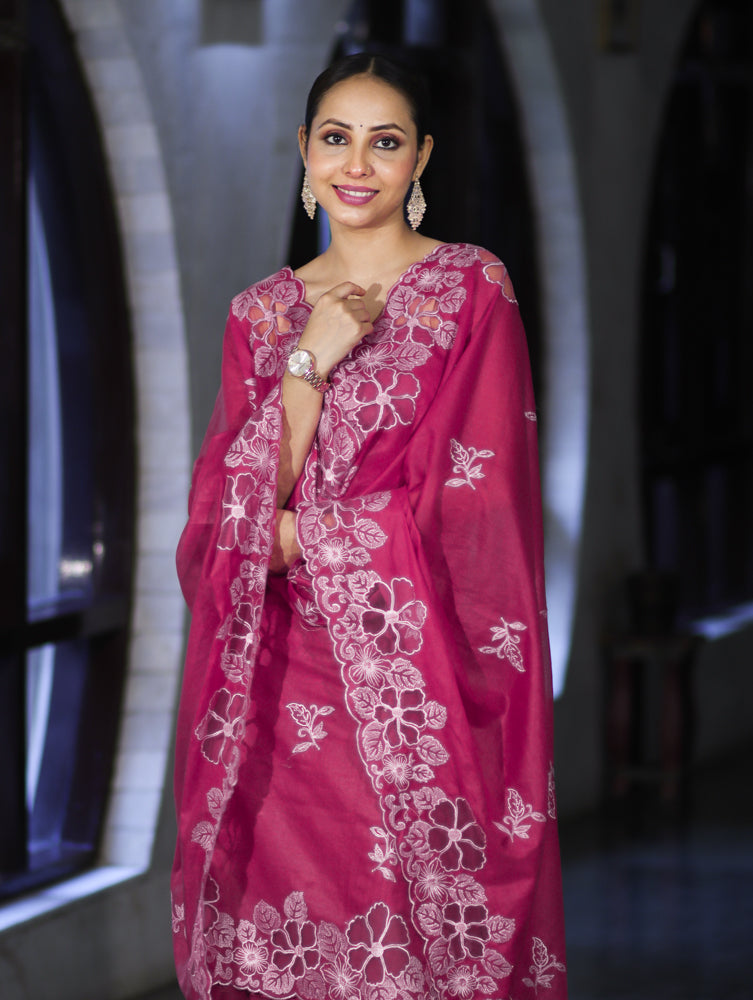 Banarasee Resham Embroidered Chanderi Salwar Kameez With Cutwork Dupatta Set-Pink