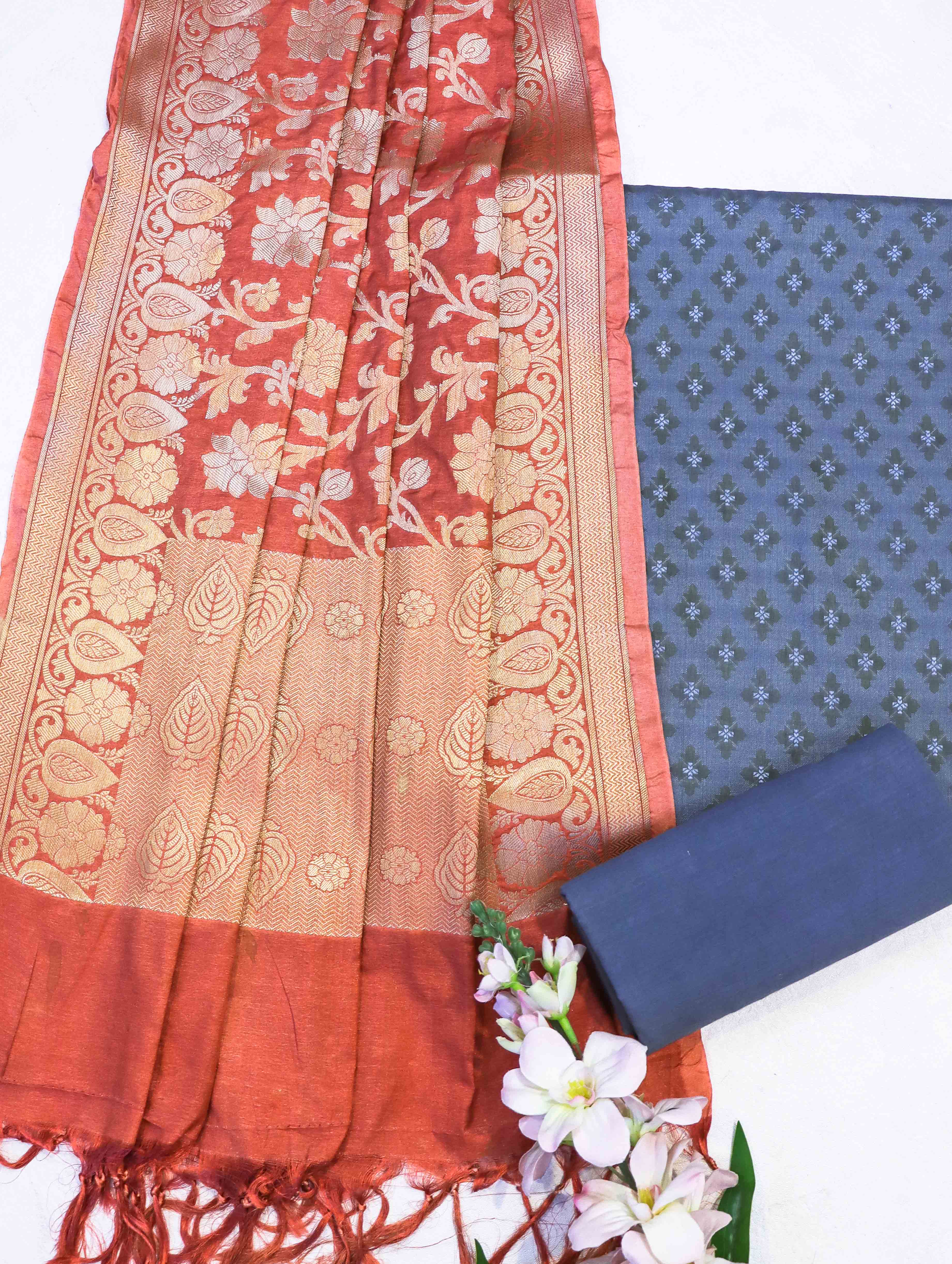 Banarasee Brocade Salwar Kameez Fabric With Jaal Design Dupatta-Steel Blue & Rust