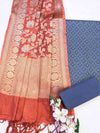 Banarasee Brocade Salwar Kameez Fabric With Jaal Design Dupatta-Steel Blue & Rust