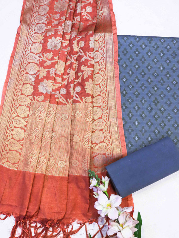 Banarasee Brocade Salwar Kameez Fabric With Jaal Design Dupatta-Steel Blue & Rust