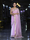Banarasee Cotton Silk Plain Saree With Floral Zari Border-Pastel Pink