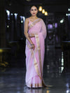 Banarasee Cotton Silk Plain Saree With Floral Zari Border-Pastel Pink