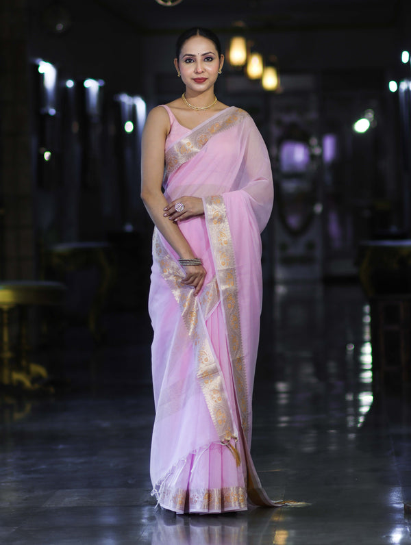 Banarasee Cotton Silk Plain Saree With Floral Zari Border-Pastel Pink