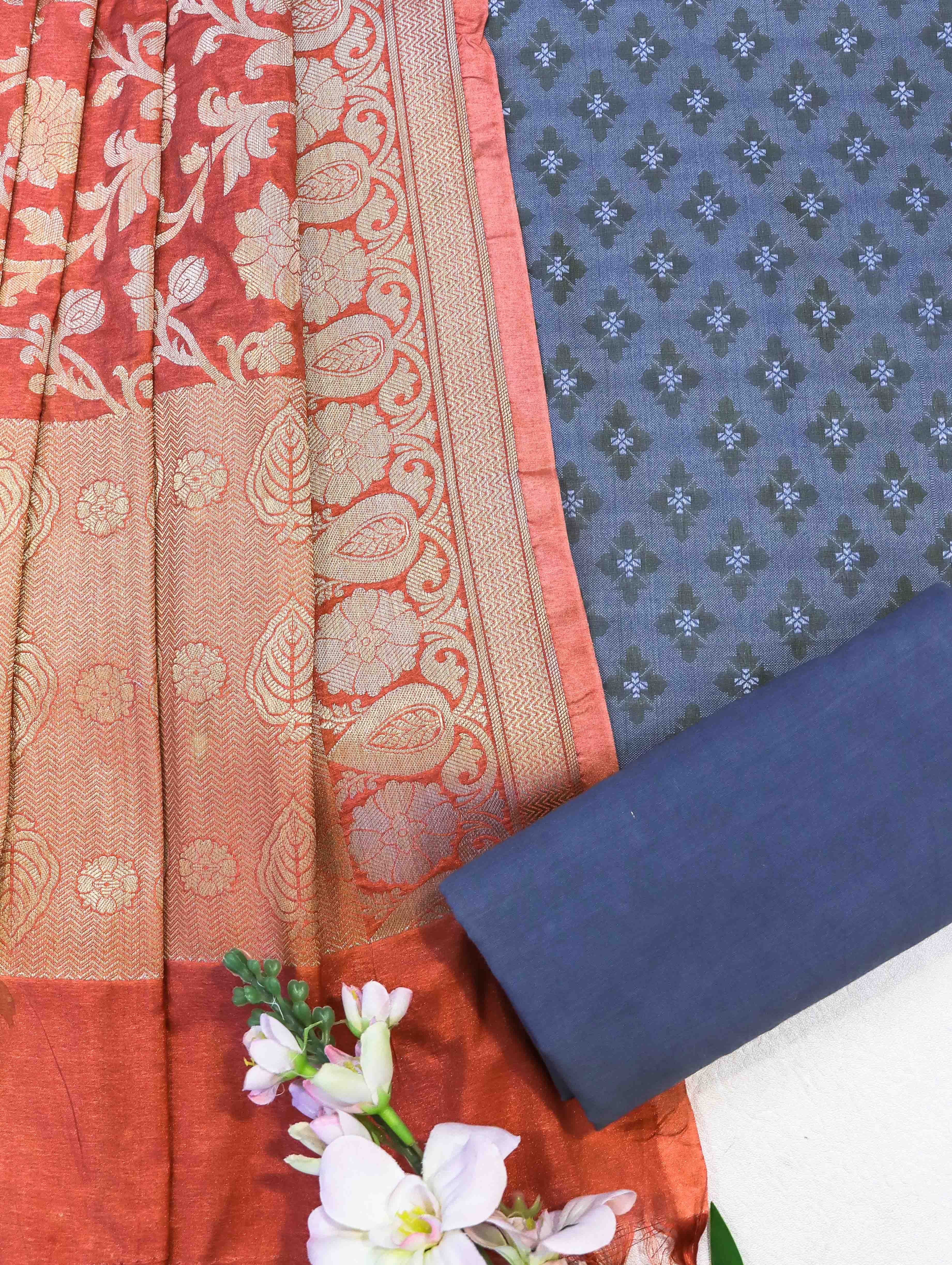 Banarasee Brocade Salwar Kameez Fabric With Jaal Design Dupatta-Steel Blue & Rust