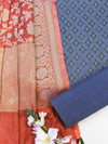 Banarasee Brocade Salwar Kameez Fabric With Jaal Design Dupatta-Steel Blue & Rust