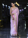 Banarasee Cotton Silk Plain Saree With Floral Zari Border-Pastel Pink