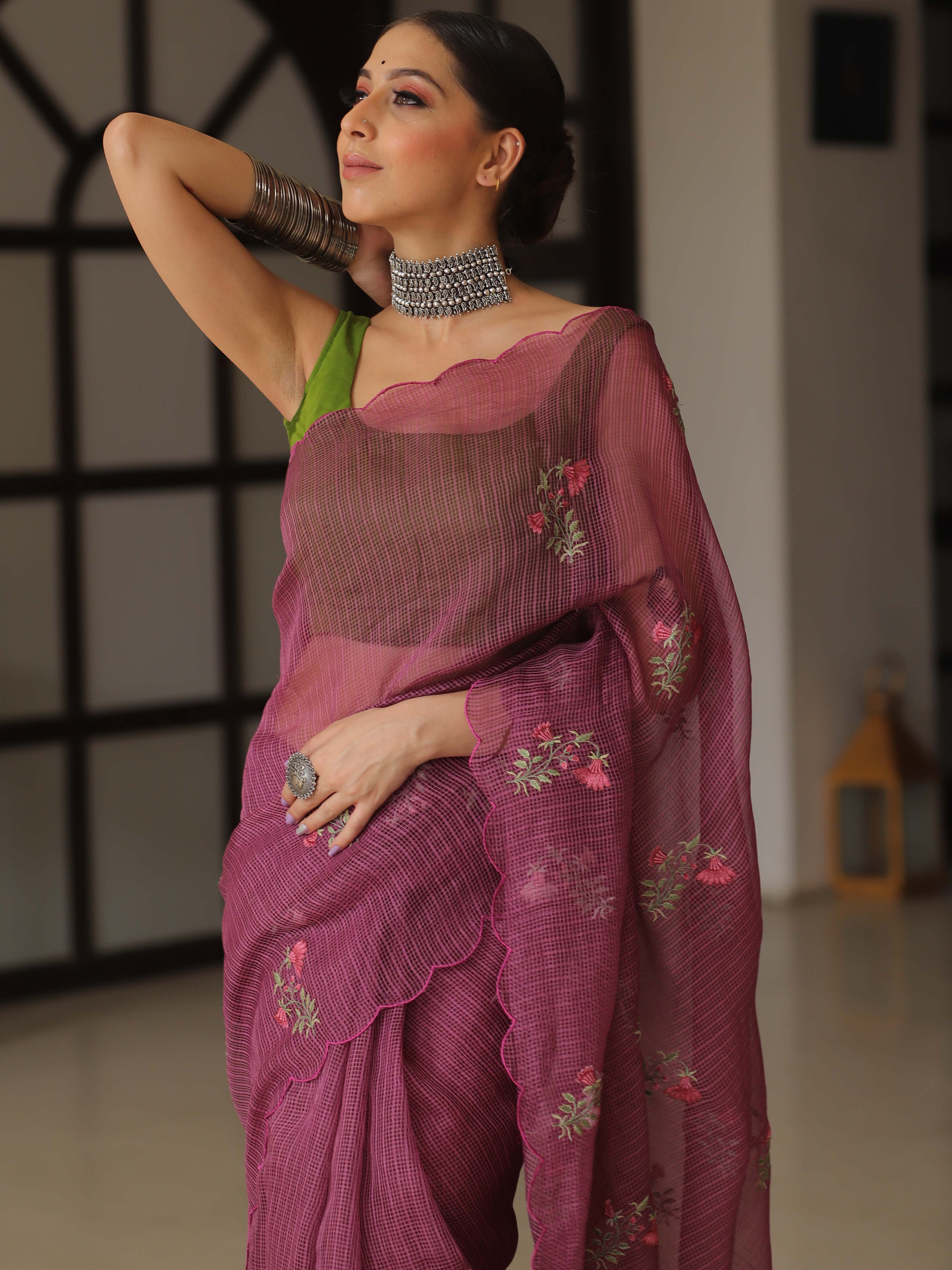 Banarasee Pure Kota Doria Saree With Embroidery Work-Plum