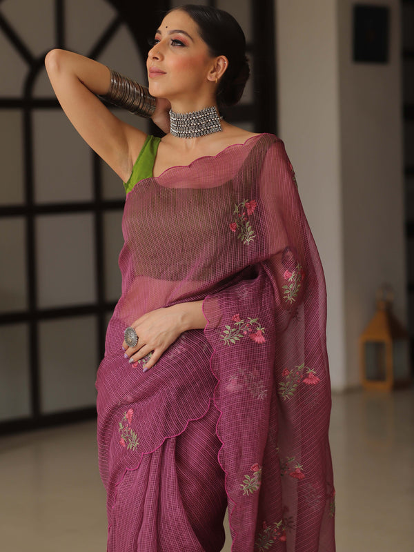 Banarasee Pure Kota Doria Saree With Embroidery Work-Plum