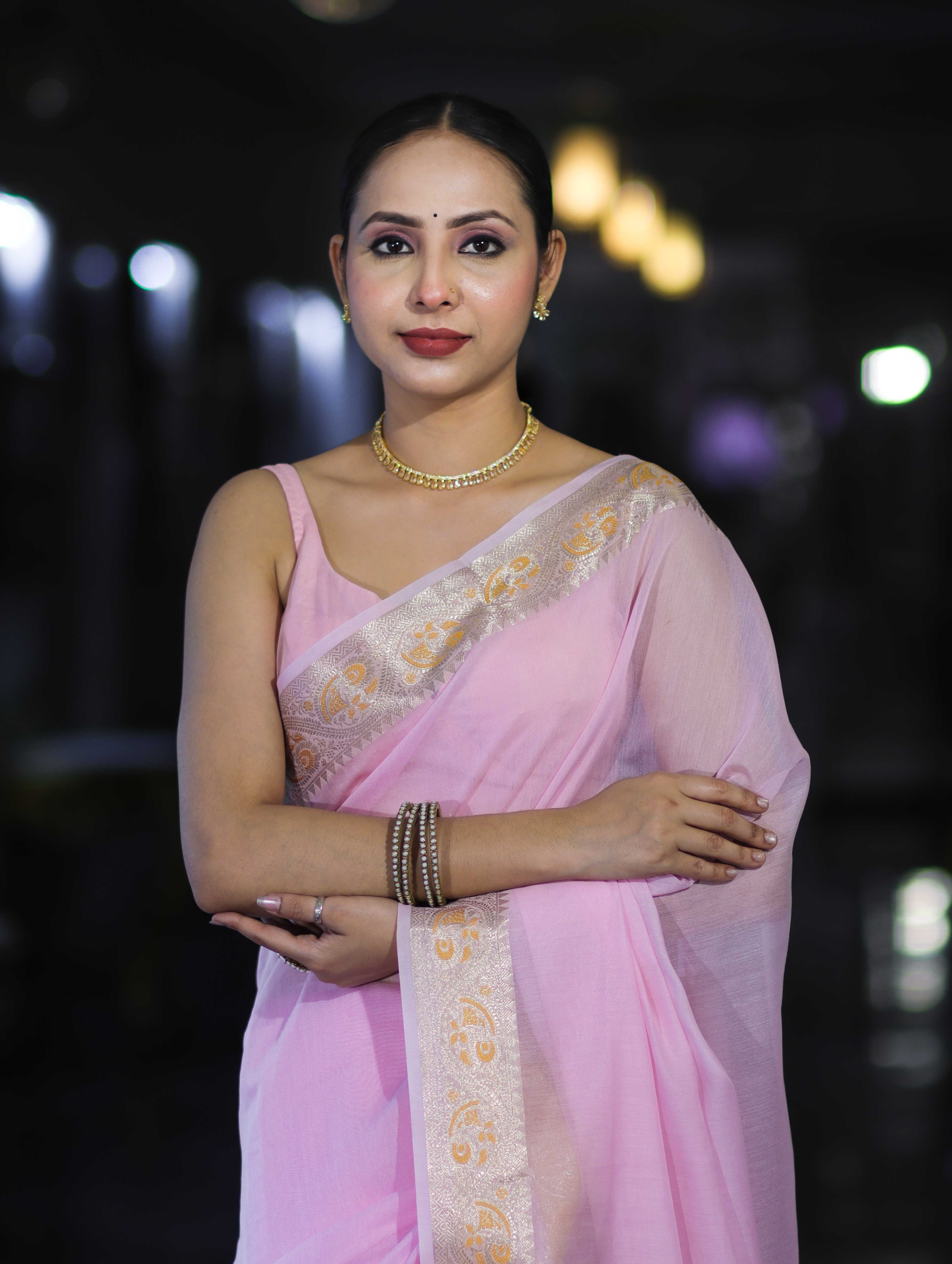 Banarasee Cotton Silk Plain Saree With Floral Zari Border-Pastel Pink
