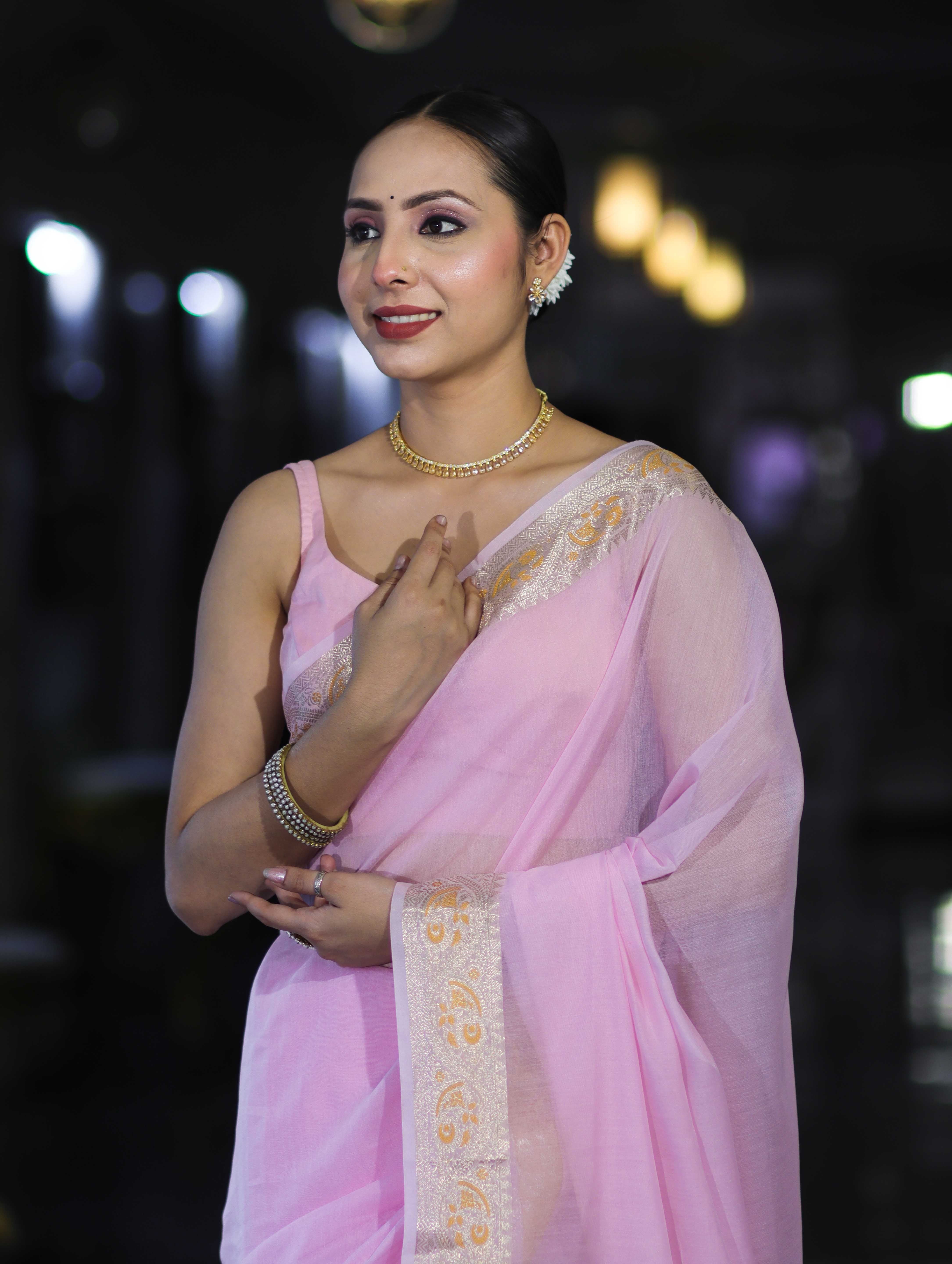 Banarasee Cotton Silk Plain Saree With Floral Zari Border-Pastel Pink