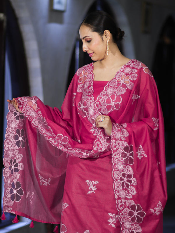 Banarasee Resham Embroidered Chanderi Salwar Kameez With Cutwork Dupatta Set-Pink