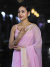 Banarasee Cotton Silk Plain Saree With Floral Zari Border-Pastel Pink