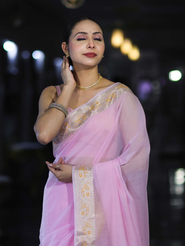 Banarasee Cotton Silk Plain Saree With Floral Zari Border-Pastel Pink