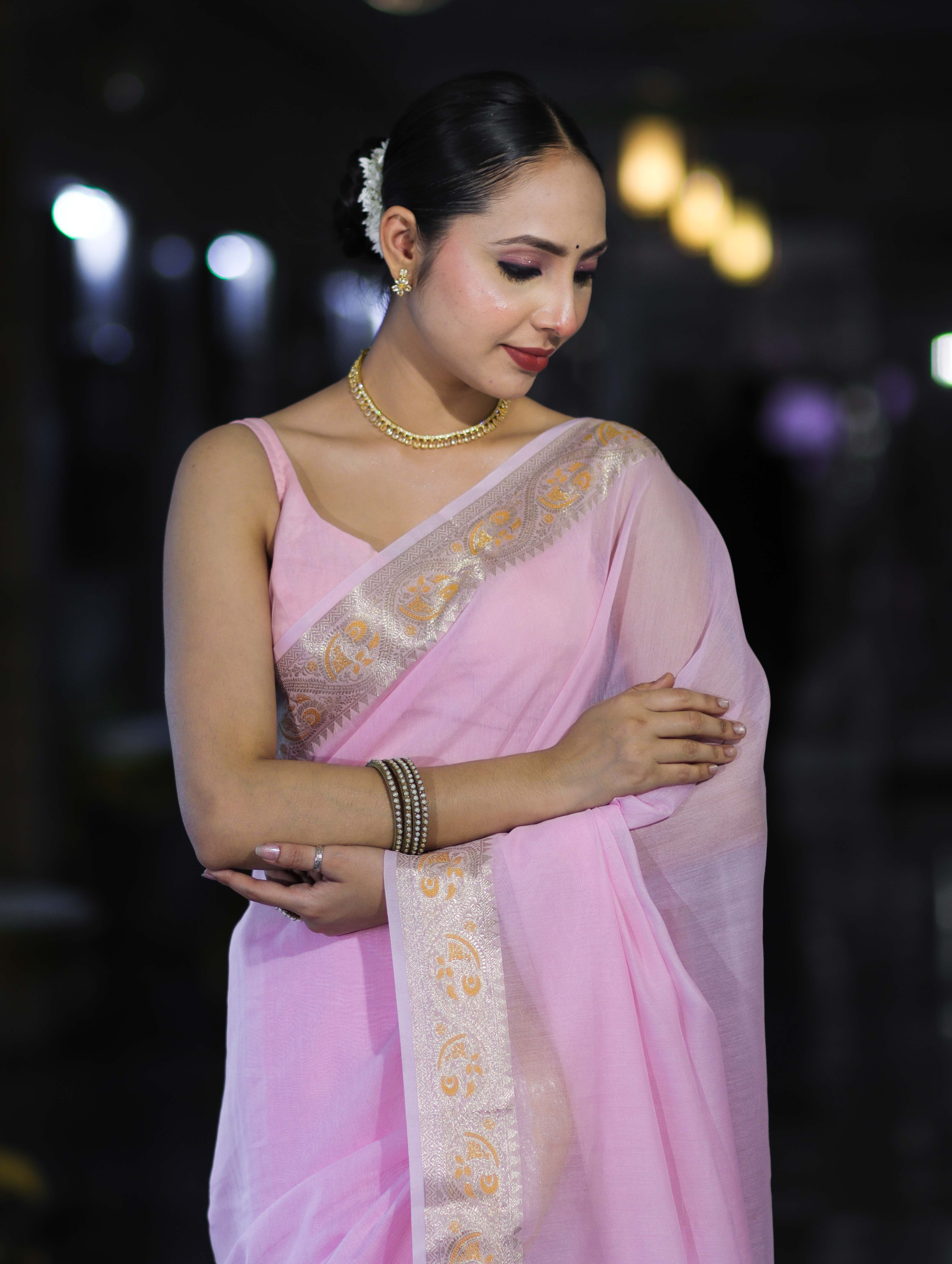 Banarasee Cotton Silk Plain Saree With Floral Zari Border-Pastel Pink