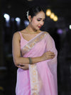 Banarasee Cotton Silk Plain Saree With Floral Zari Border-Pastel Pink