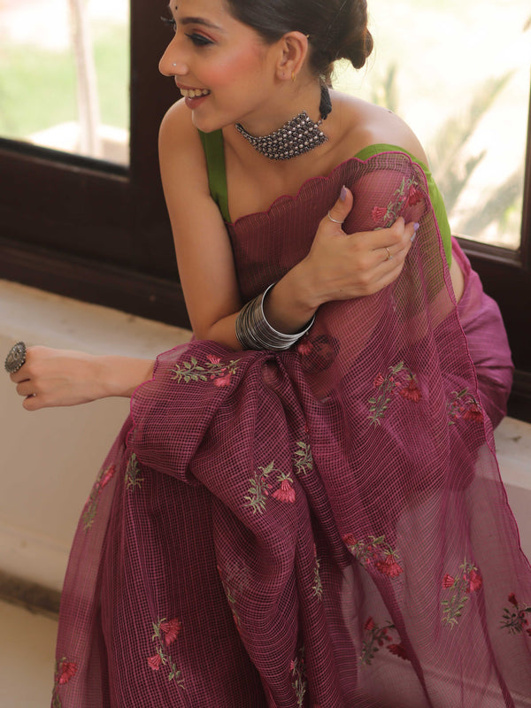 Banarasee Pure Kota Doria Saree With Embroidery Work-Plum