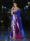 Banarasee Handloom Dual Color Soft Silk Saree With Zari Border & Lace-Blue & Violet