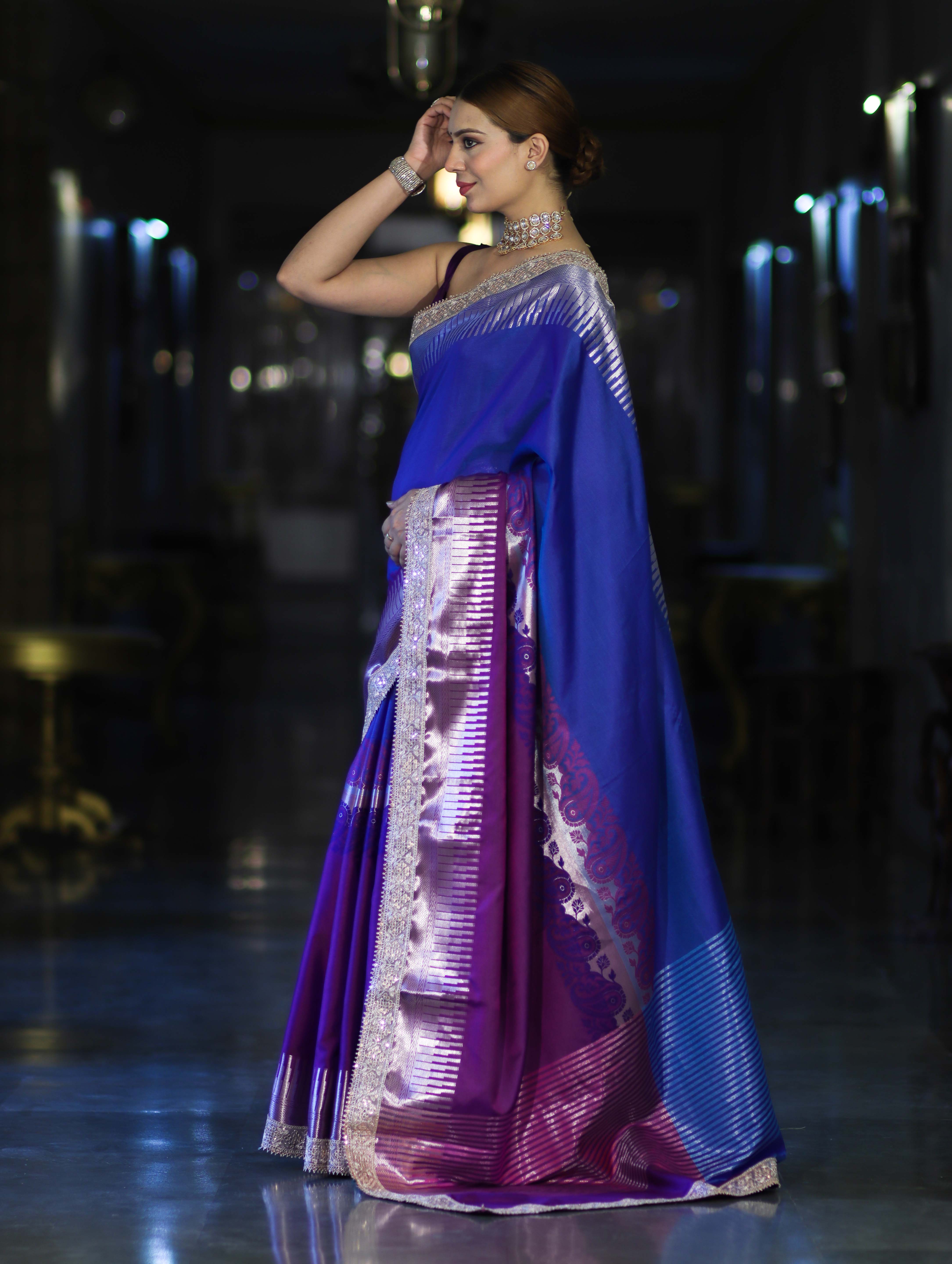 Banarasee Handloom Dual Color Soft Silk Saree With Zari Border & Lace-Blue & Violet
