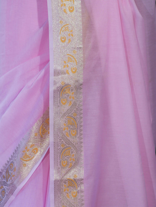 Banarasee Cotton Silk Plain Saree With Floral Zari Border-Pastel Pink