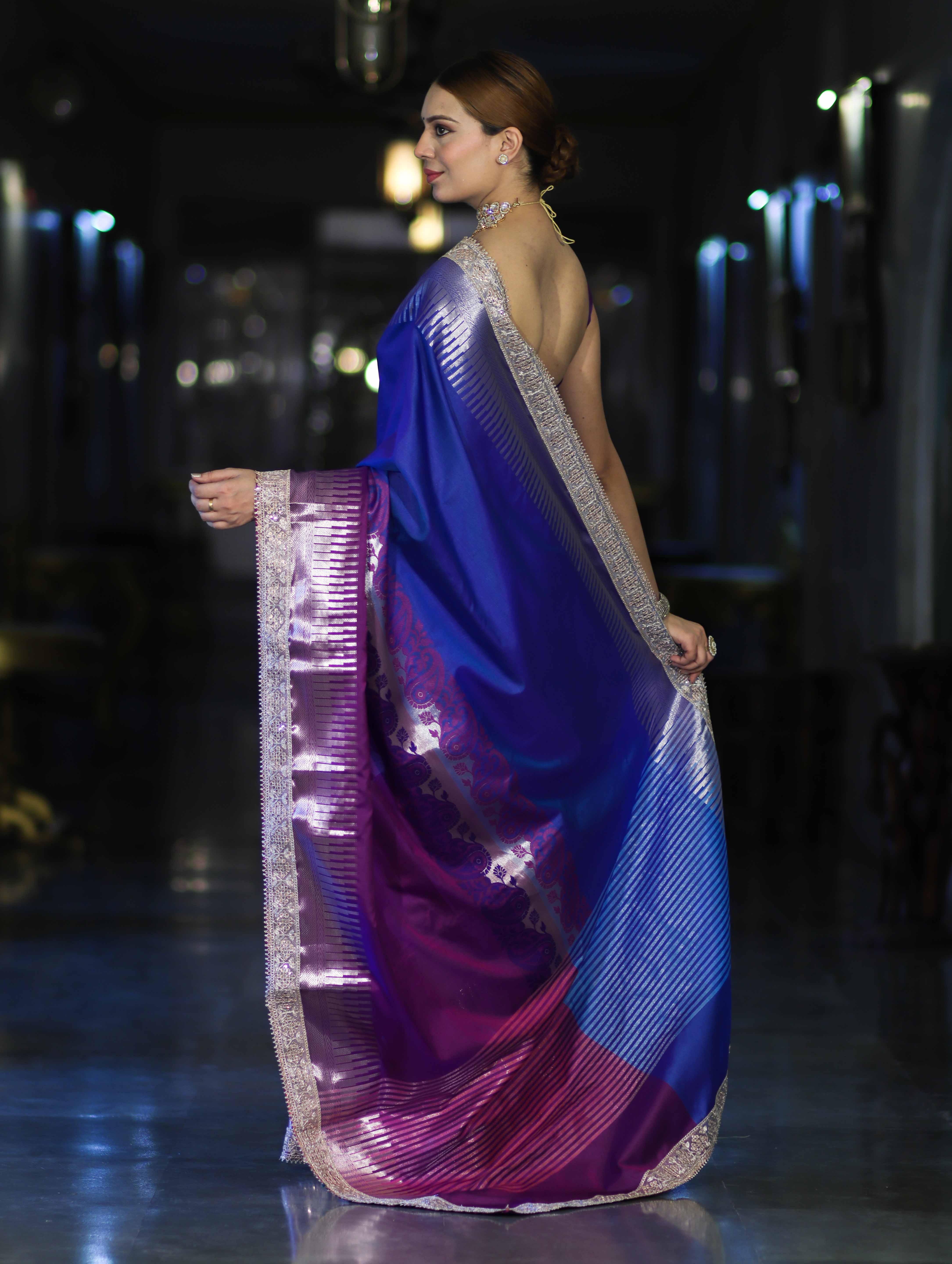 Banarasee Handloom Dual Color Soft Silk Saree With Zari Border & Lace-Blue & Violet