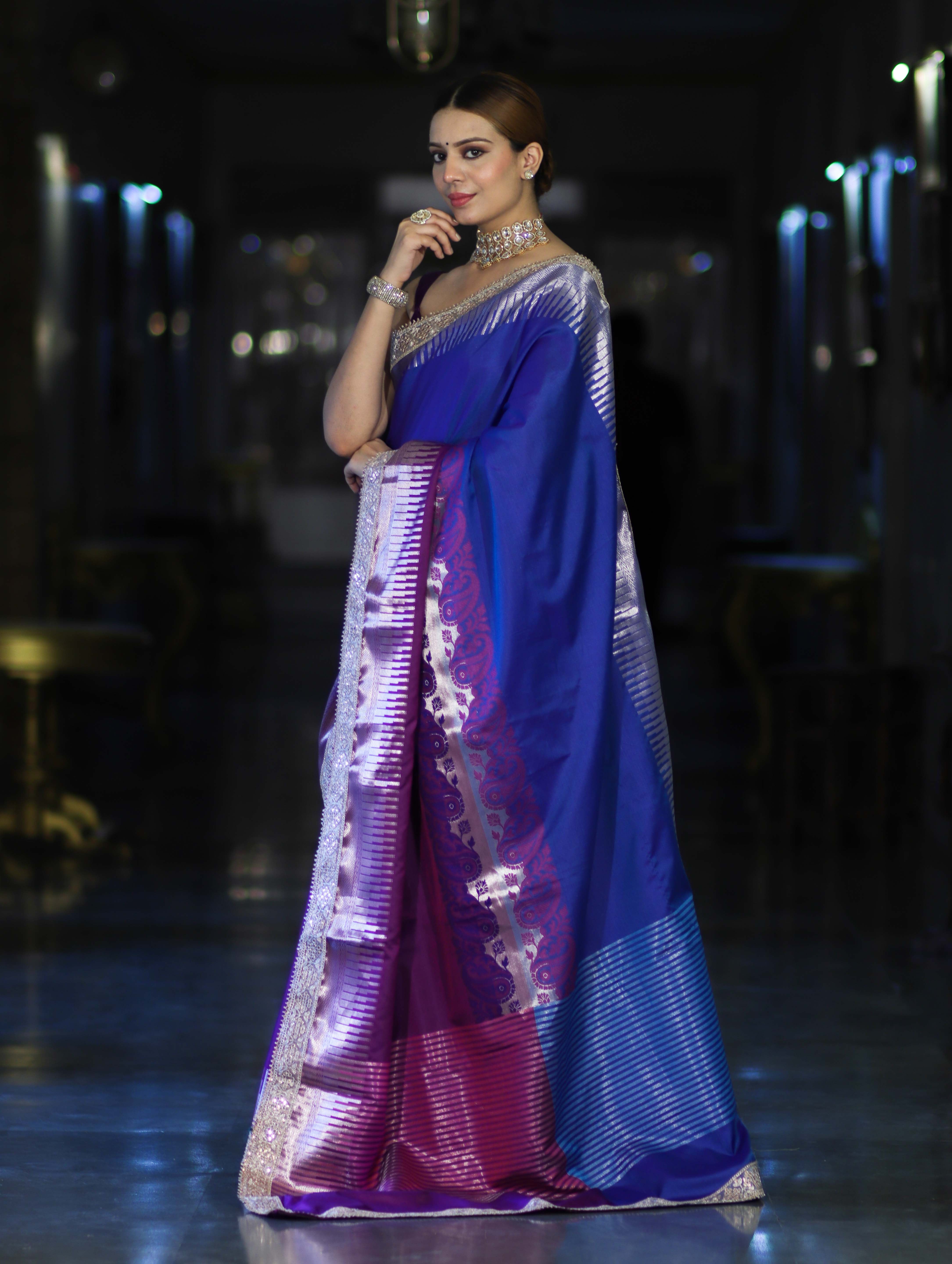 Banarasee Handloom Dual Color Soft Silk Saree With Zari Border & Lace-Blue & Violet