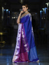 Banarasee Handloom Dual Color Soft Silk Saree With Zari Border & Lace-Blue & Violet