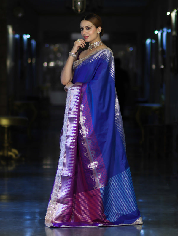 Banarasee Handloom Dual Color Soft Silk Saree With Zari Border & Lace-Blue & Violet