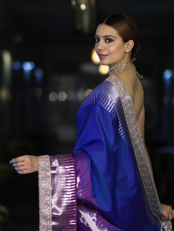 Banarasee Handloom Dual Color Soft Silk Saree With Zari Border & Lace-Blue & Violet
