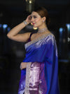 Banarasee Handloom Dual Color Soft Silk Saree With Zari Border & Lace-Blue & Violet