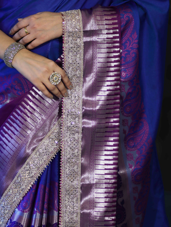 Banarasee Handloom Dual Color Soft Silk Saree With Zari Border & Lace-Blue & Violet
