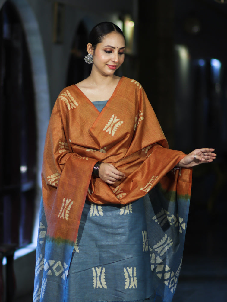Pure Handloom Khadi Cotton Hand-Dyed Batik Pattern Salwar Kameez Dupatta Set-Blue & Brown