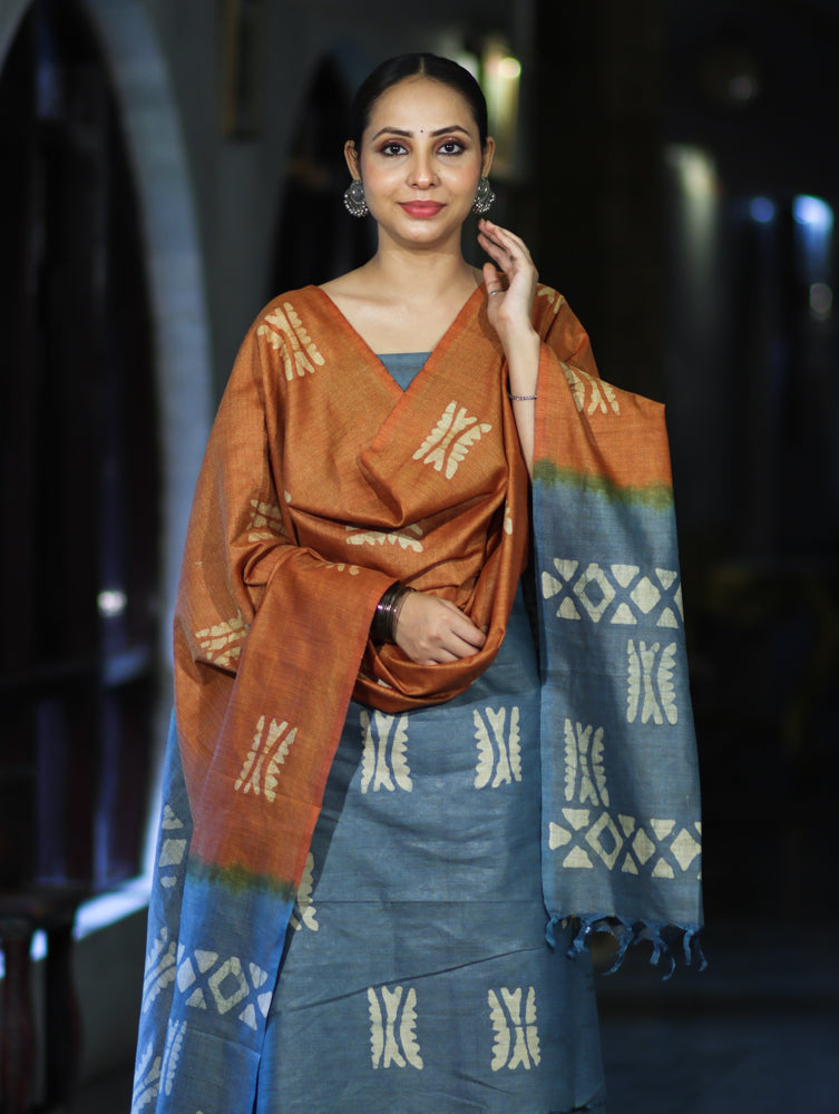 Pure Handloom Khadi Cotton Hand-Dyed Batik Pattern Salwar Kameez Dupatta Set-Blue & Brown